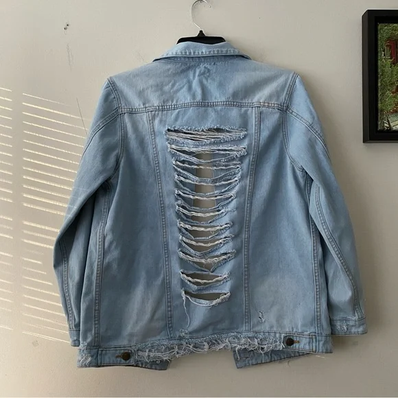 MONO B Oversized Denim Jean Jacket Distressed Cotton Women’s Size M